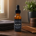 Cardamom Beard Oil  on wood desk next to towel and wood comb