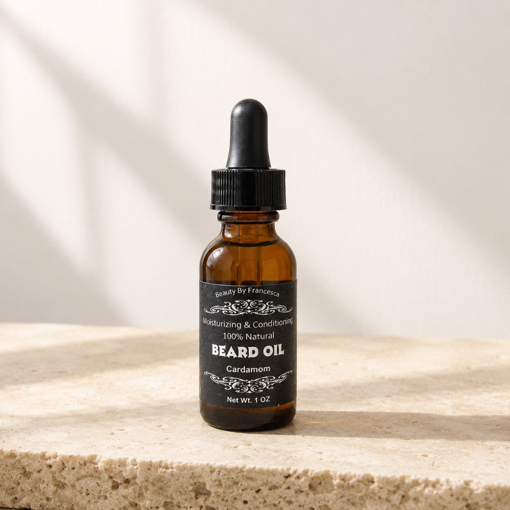 Cardamom Beard Oil on cream colored stoner