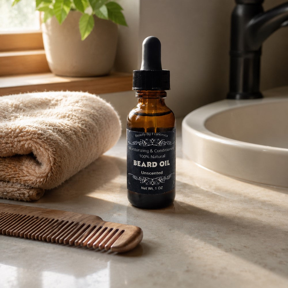 Fragrance Free Beard Oil on sink counter next to towel and wood beard comb
