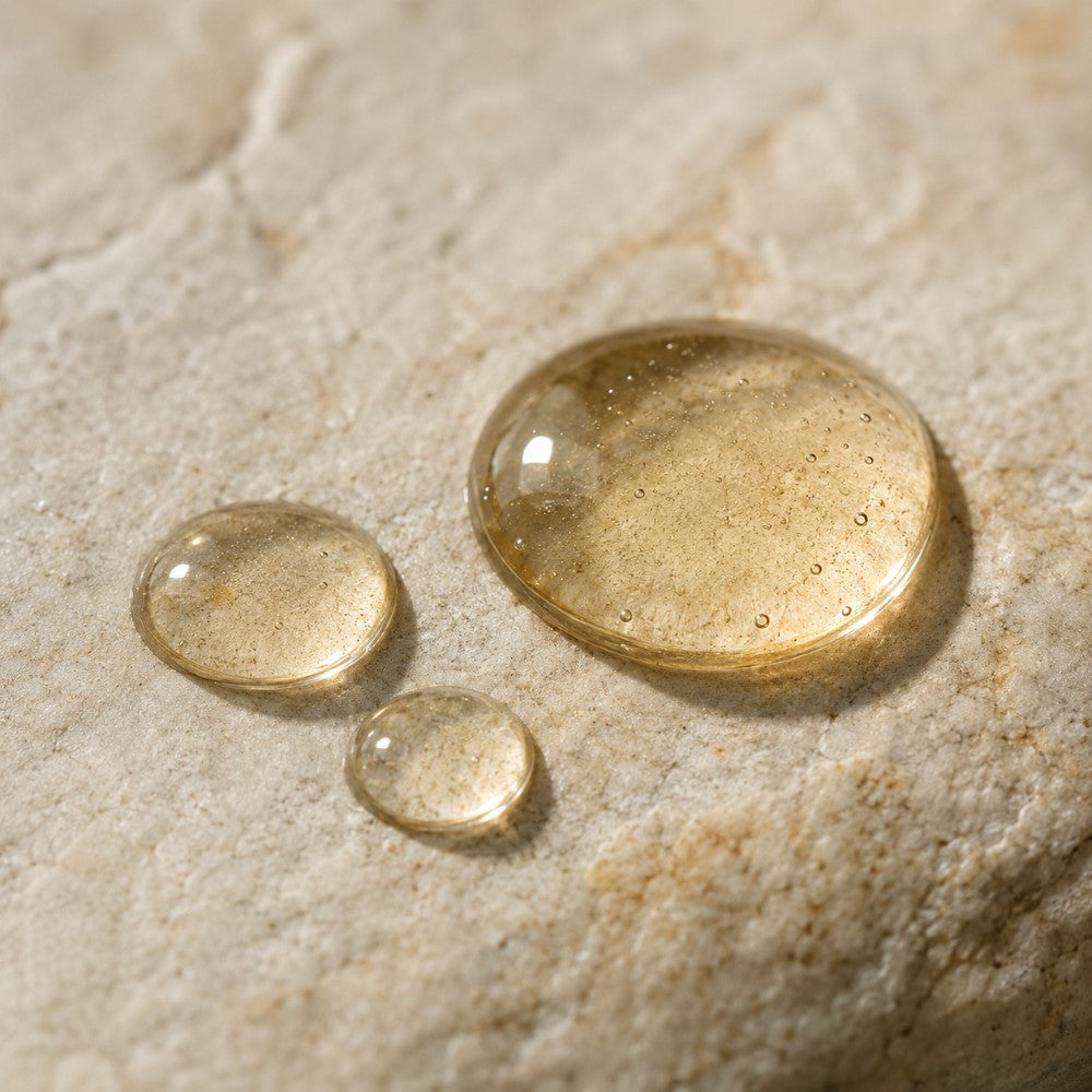 oil droplets on beige stone of Fragrance Free Beard Oil