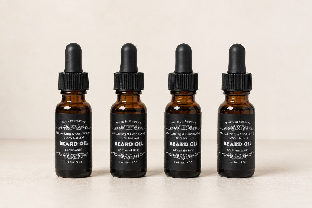 Beard oil gift set  against cream background