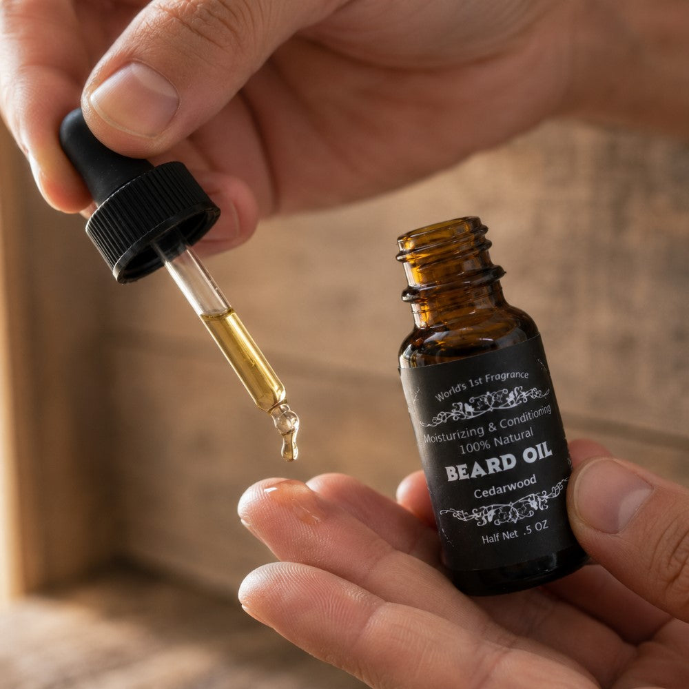 oil drop display of Beard oil gift set applied to fingers