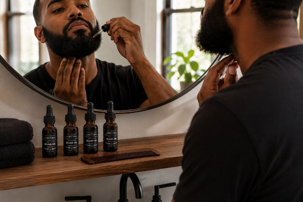 man applying beard oil with Beard oil gift set o in the background