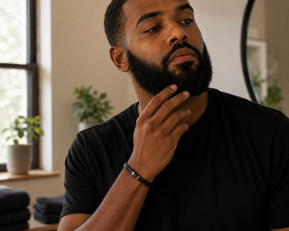 man touching beard after applying a beard oil from Beard oil gift set 