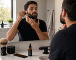 man applying Lemon Sage Beard Oil 