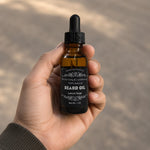 man holding Lemon Sage Beard Oil 
