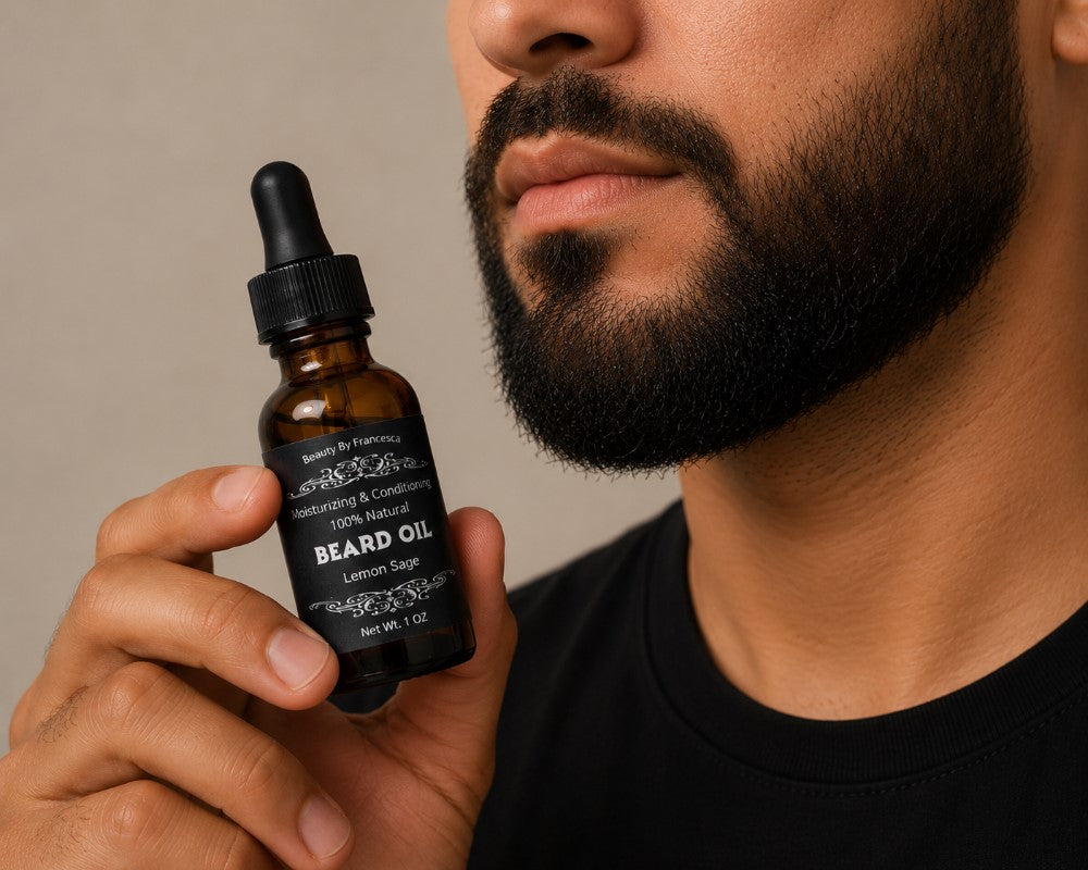 man holding Lemon Sage Beard Oil next to beard