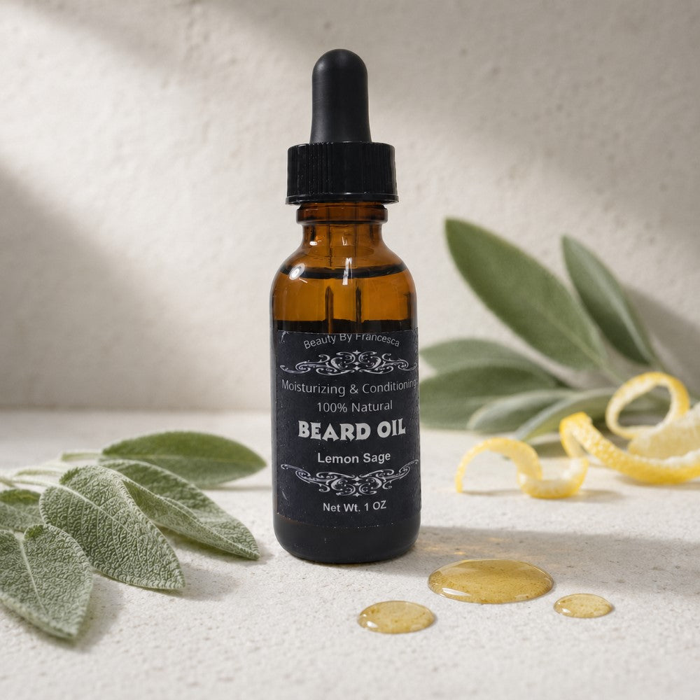 Lemon Sage Beard Oil next to lemon peels and sage