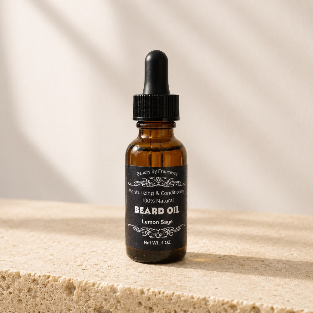 Lemon Sage Beard Oil On cream colored stoner