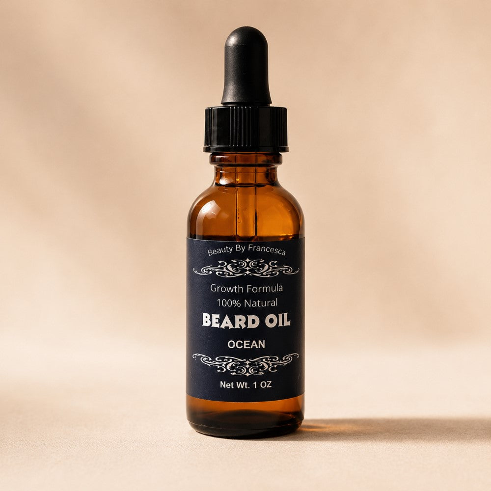 all natural beard oil - ocean scent -  against beige backdrop