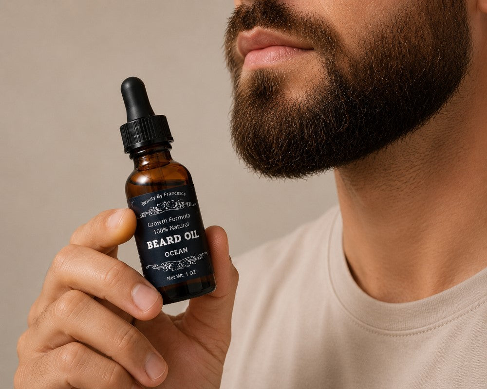 man holding all natural beard oil - ocean scent - 