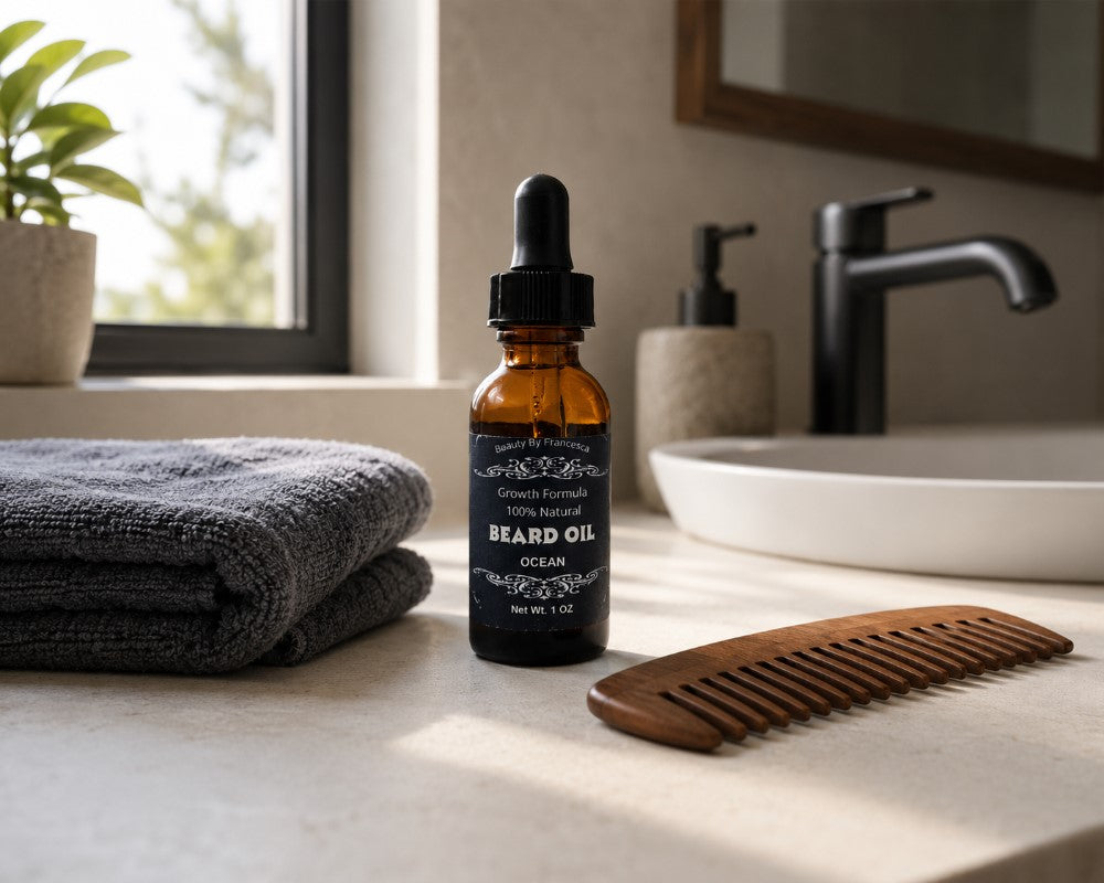all natural beard oil - ocean scent - on sink counter next to towel and wood comb