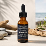 all natural beard oil - ocean scent - against beach backdrop
