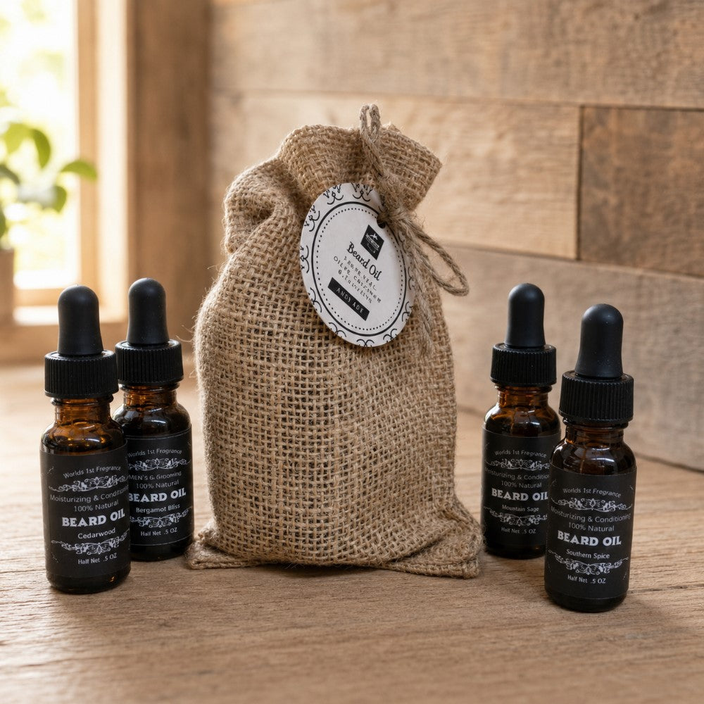Beard oil gift set  against wood background and tile backsplash