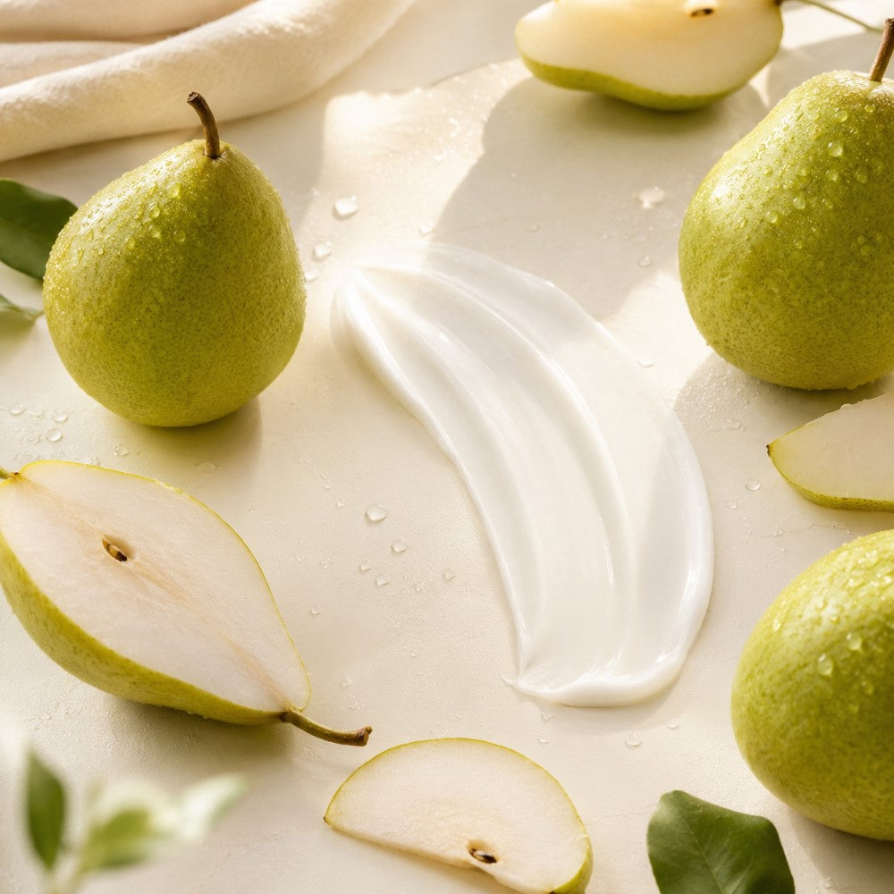 Closeup of Bliss Body Lotion next to fresh pears