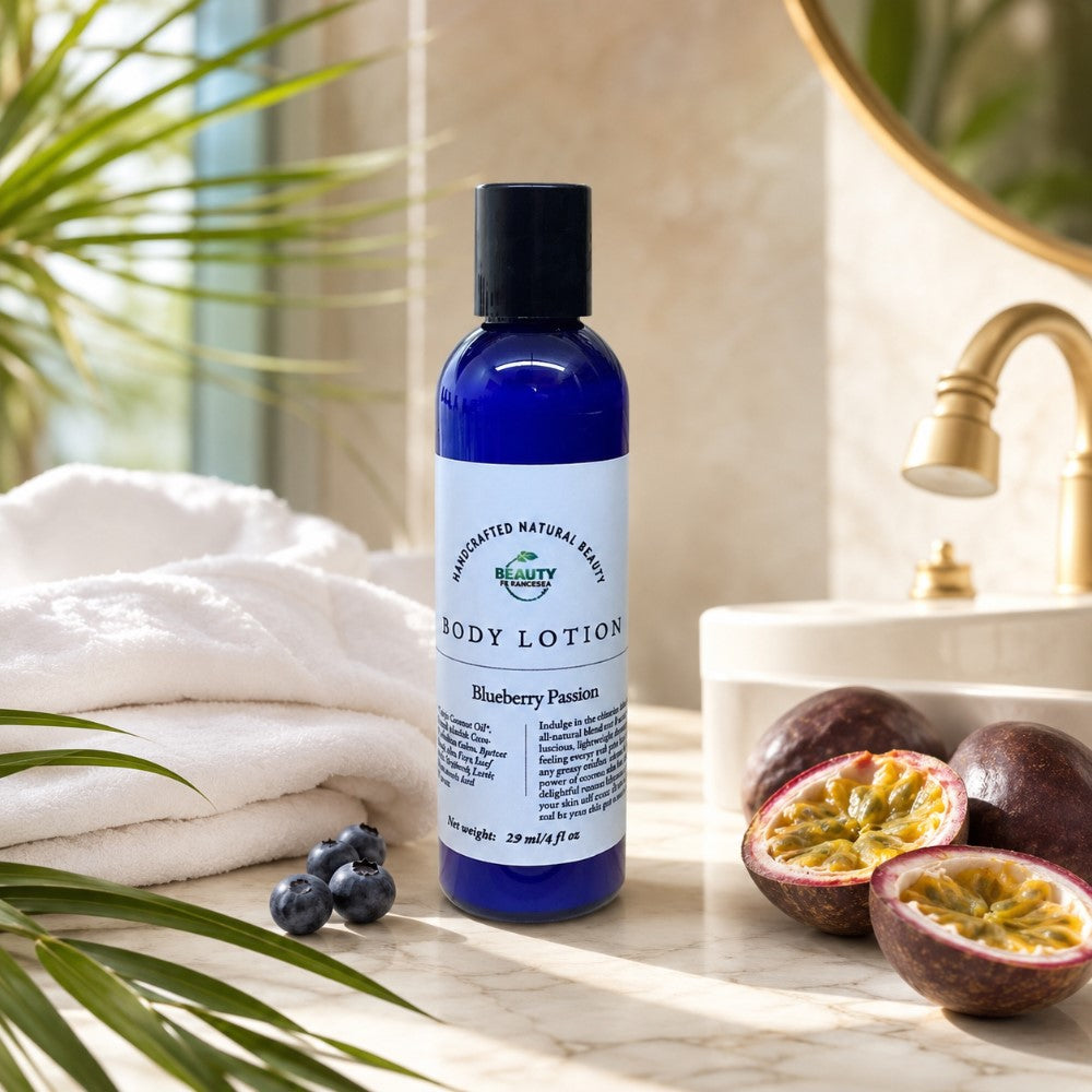 Blueberry Passion Body Lotion in bathroom next to blueberries and passionfruit