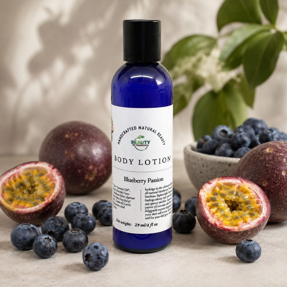 Blueberry Passion Body Lotion next to blueberries and passionfruit