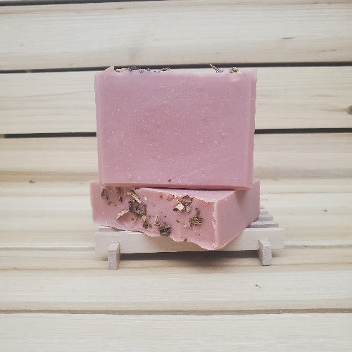 Blush Crush Handmade Artisan Soap 2 bars on wood soap holder