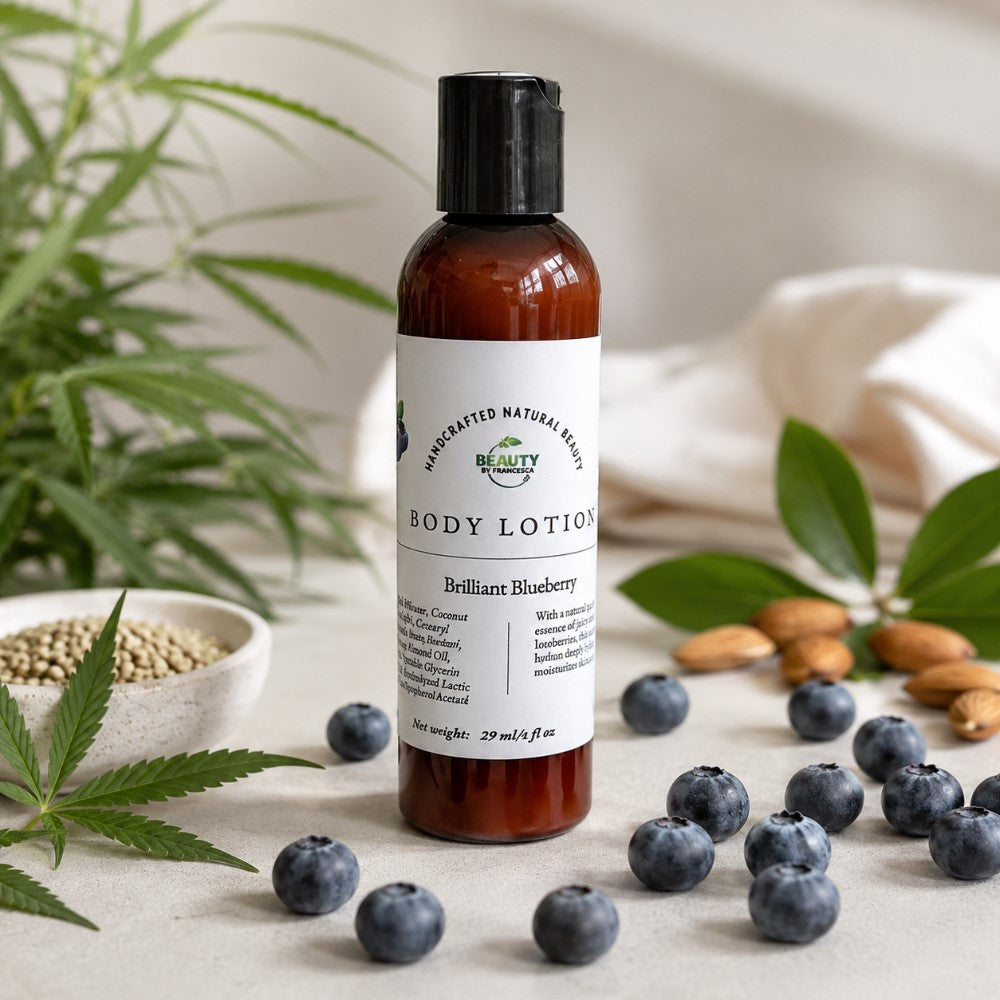 Brilliant Blueberry Lotion next to almonds and blueberries
