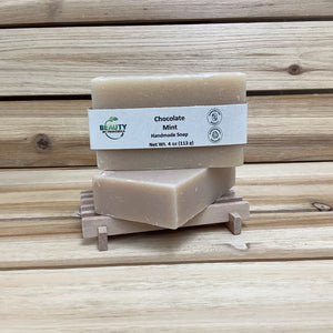 Chocolate Mint Handmade Soap  2 bars on wood soap dish