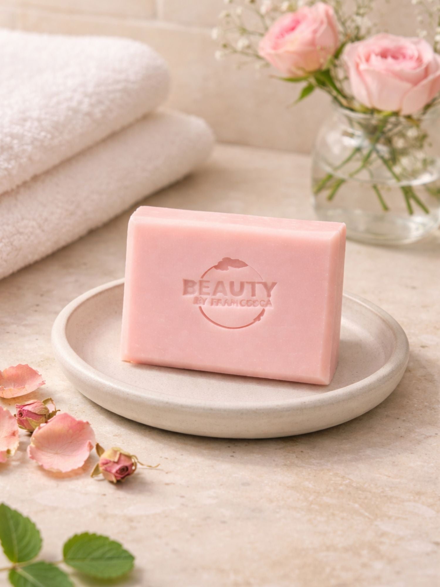 Pink geranium rose soap bar on a white plate with flowers and towels in the background