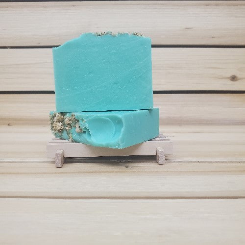 Green With Envy Handmade Artisan Soap 2 bars on wood soap holder