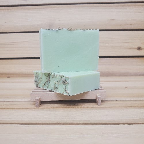 Herb Your Enthusiasm Handmade Artisan Soap 2 bars on wood soap holder