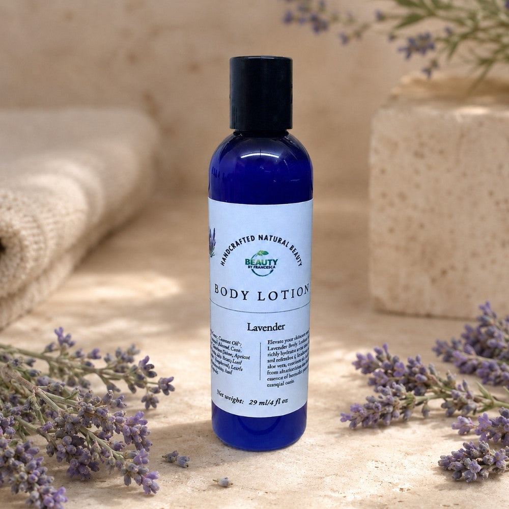 Lavender Body Lotion next to sprigs of fresh lavender
