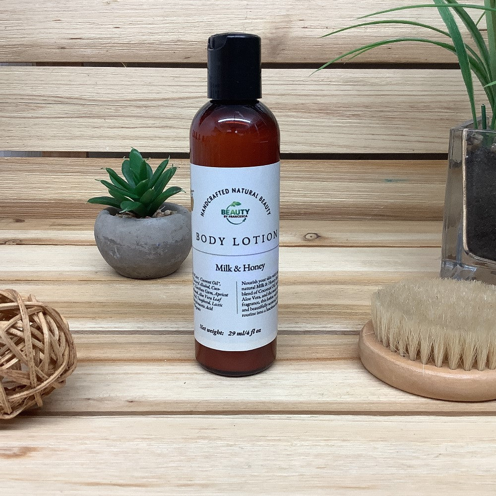 Milk & Honey Body Lotion against wood background
