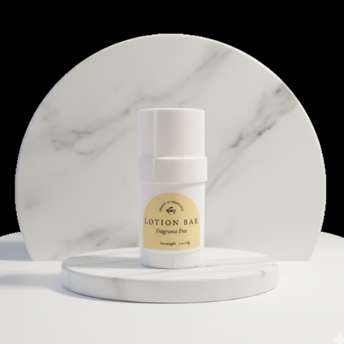 Fragrance Free Lotion bar on a marble surface with a white background