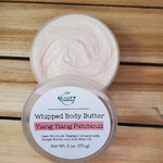 Ylang Ylang Patchouli  Whipped Body Butter Open Lid Wood Background