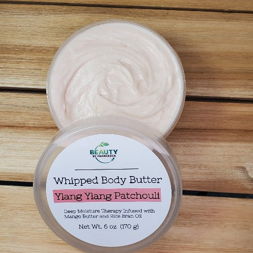 Ylang Ylang Patchouli  Whipped Body Butter Open Lid Wood Background