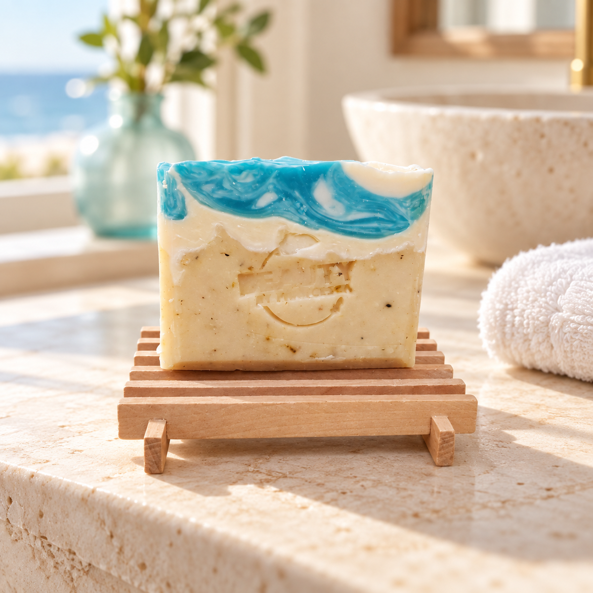 Coastal Spa handmade soap on a wooden dish in a bright coastal bathroom