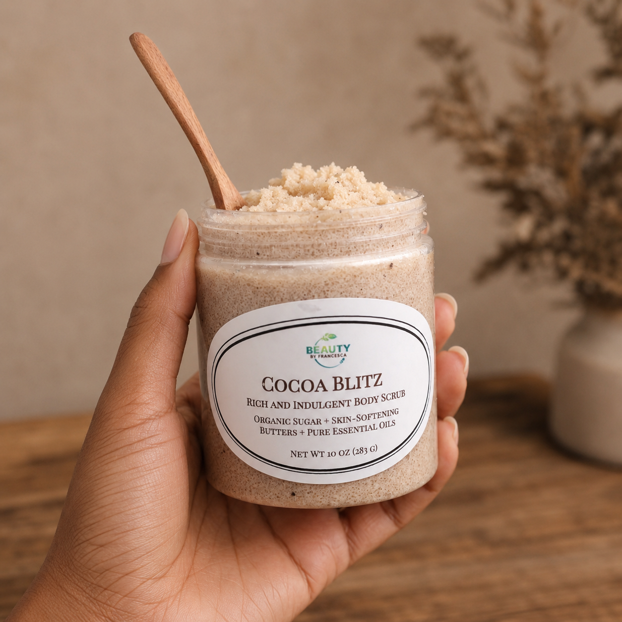 Cocoa Blitz  Chocolate Body Scrub  in hand