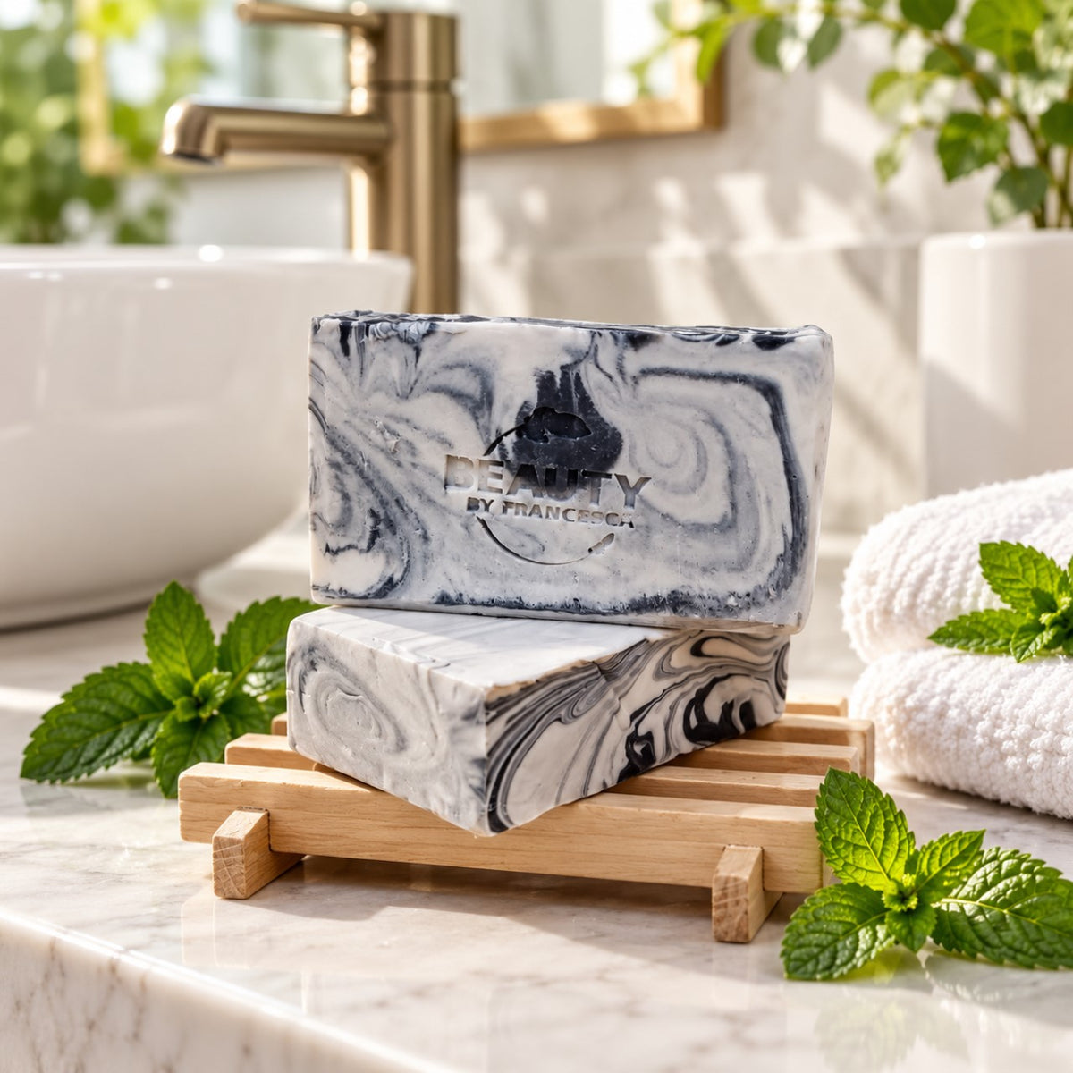 Two bars of Fire and Ice handmade soap with fresh mint in a bright bathroom setting