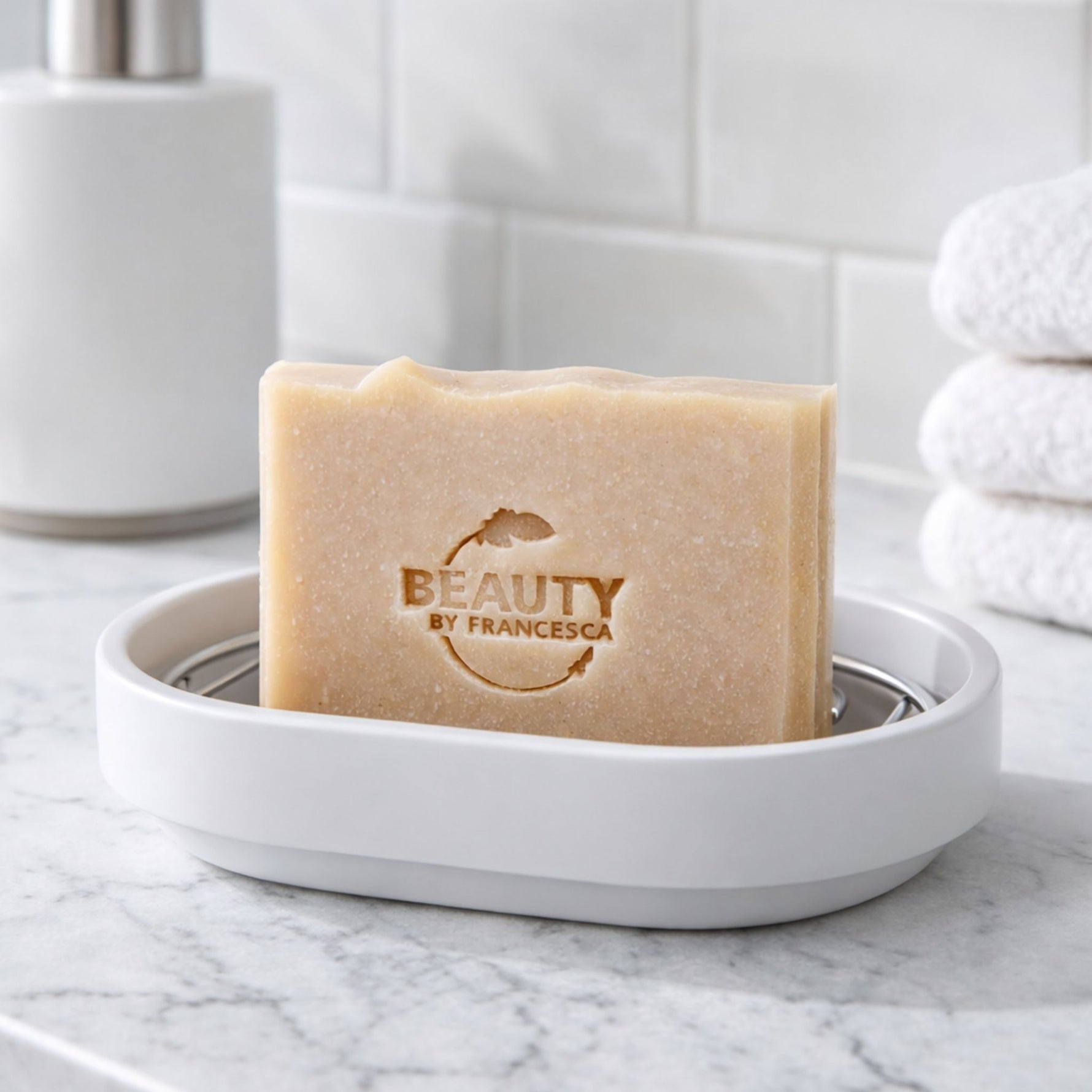 lavender orange soap bar in a white soap dish with white towels in the background