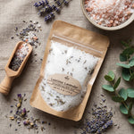Luscious Lavender Bath Salts, 6 oz,  flat lay with various salts and lavender buds