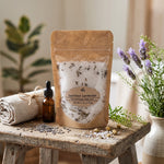 Luscious Lavender Bath Salts, 6 oz,  on a wood bench displayed with a spa towel and body oil