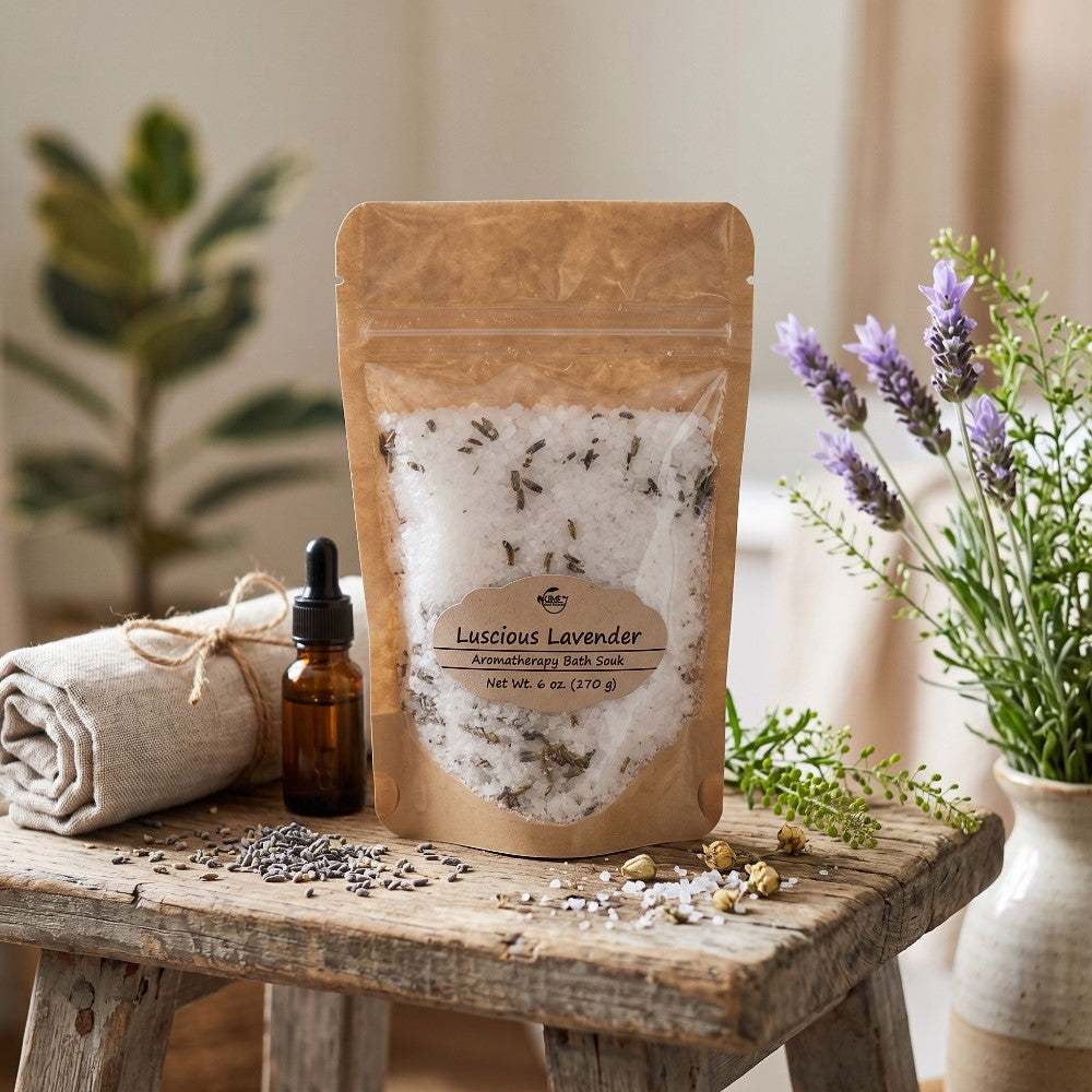Luscious Lavender Bath Salts, 6 oz,  on a wood bench displayed with a spa towel and body oil