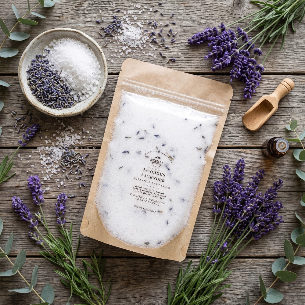 luscious lavender bath salt, 16 oz, flay lay with lavender, a wood scoop and a bowl of lavender and sea salt