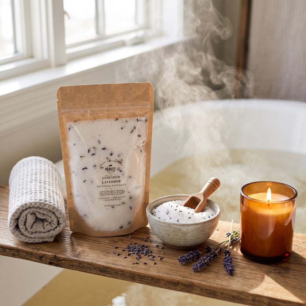 luscious lavender bath salt, 16 oz, on wood tub tray with lavender flowers and a lit candle