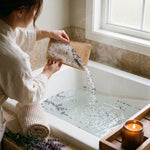 woman pouring luscious lavender bath salt, 16 oz, into bath tub