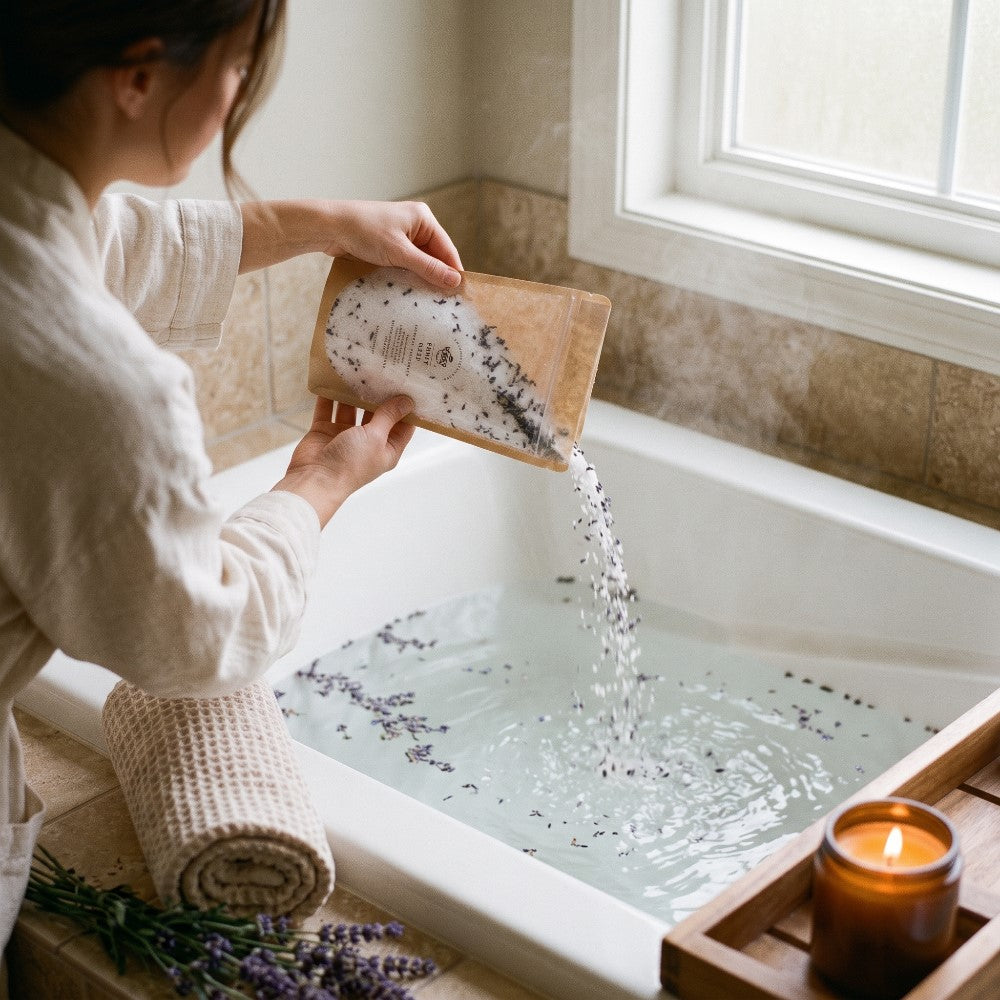 woman pouring luscious lavender bath salt, 16 oz, into bath tub