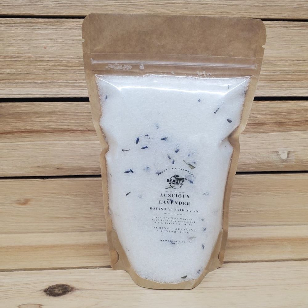 Luscious Lavender Bath Salts against a wood background