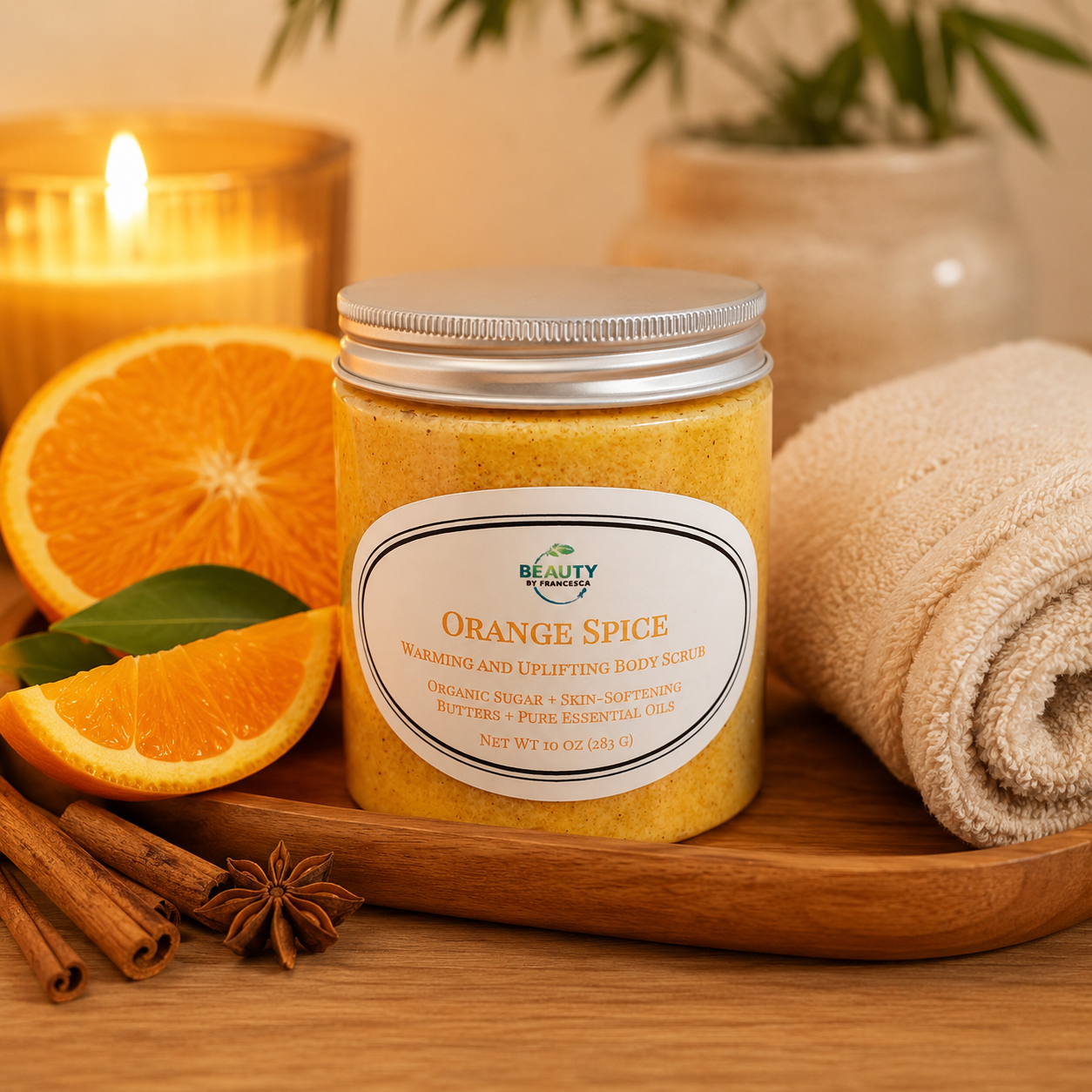 orange spice body scrub in spa setting with a towel and surrounded by oranges, cinnamon, and anise star