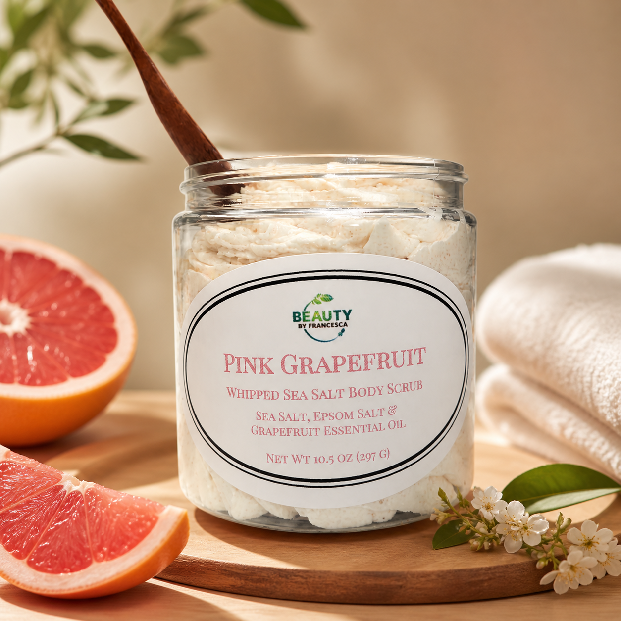 pink grapefruit whipped sea salt body scrub with grapefruit slices and a towel