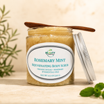 rosemary mint body scrub with mint and rosemary lid open