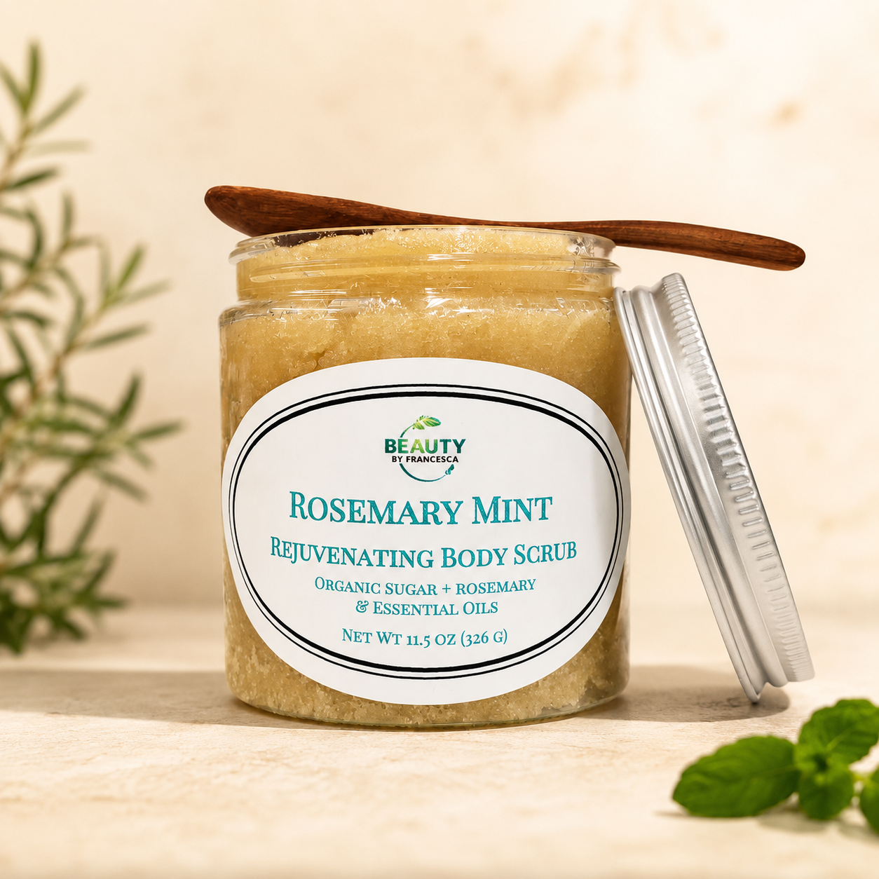 rosemary mint body scrub with mint and rosemary lid open