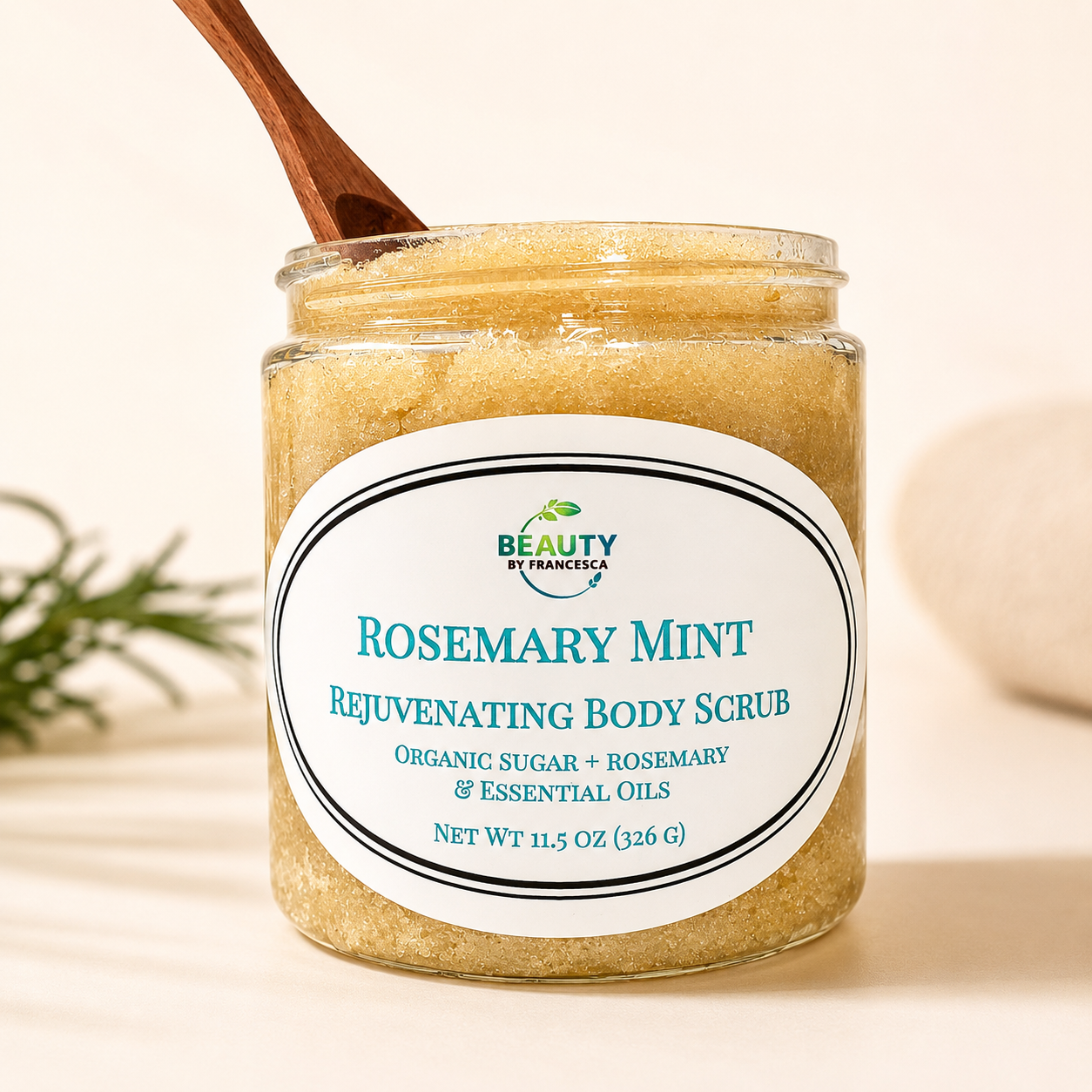 rosemary mint body scrub lid open with spoon inside 