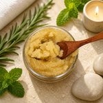 rosemary mint body scrub top view surrounded by rosemary, mint, white stones and a candle